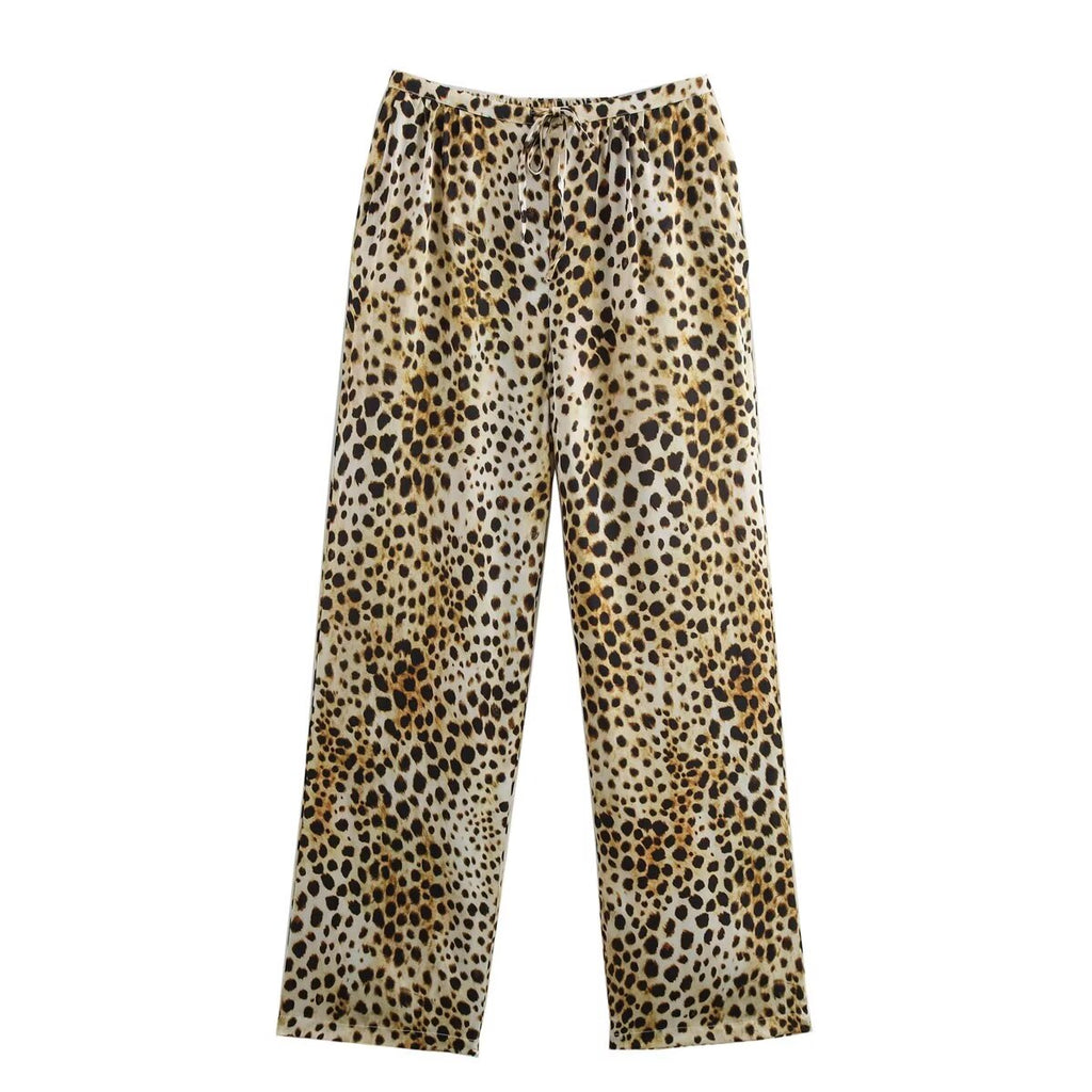 Summer Animal Pattern Printed Top Silk Satin Textured Pants Set