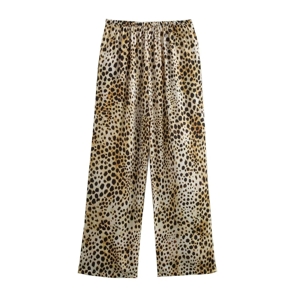 Summer Animal Pattern Printed Top Silk Satin Textured Pants Set