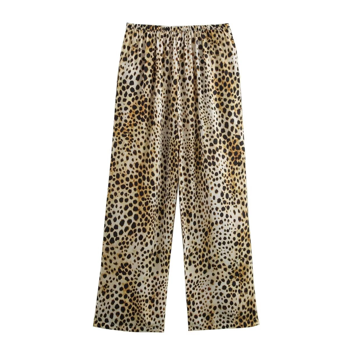 Summer Animal Pattern Printed Top Silk Satin Textured Pants Set