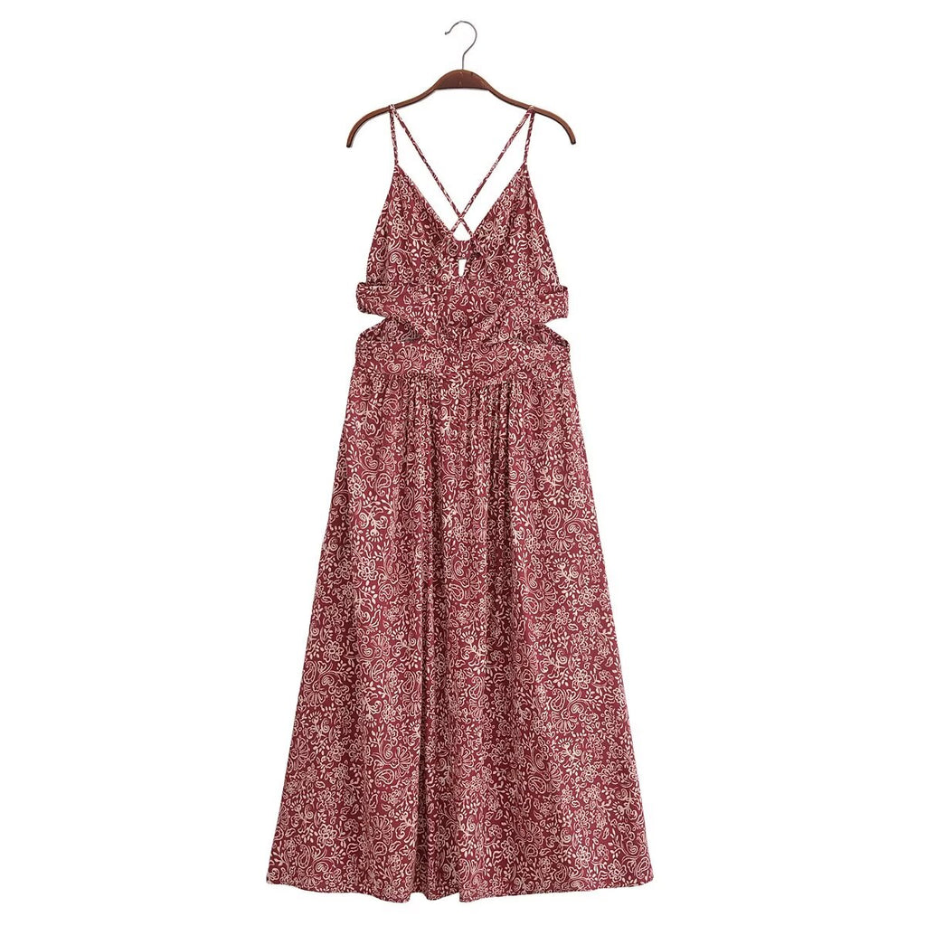Women's Stylish Opening Design Printing Midi Sling Dress