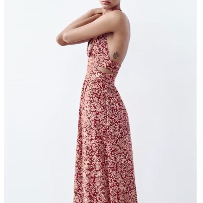 Women's Stylish Opening Design Printing Midi Sling Dress