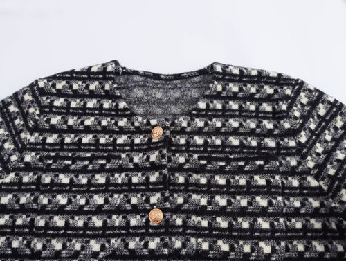 Fall Women Clothing Small Plaid Round Neck Long Sleeve Knitted Sweater Cardigan Coat
