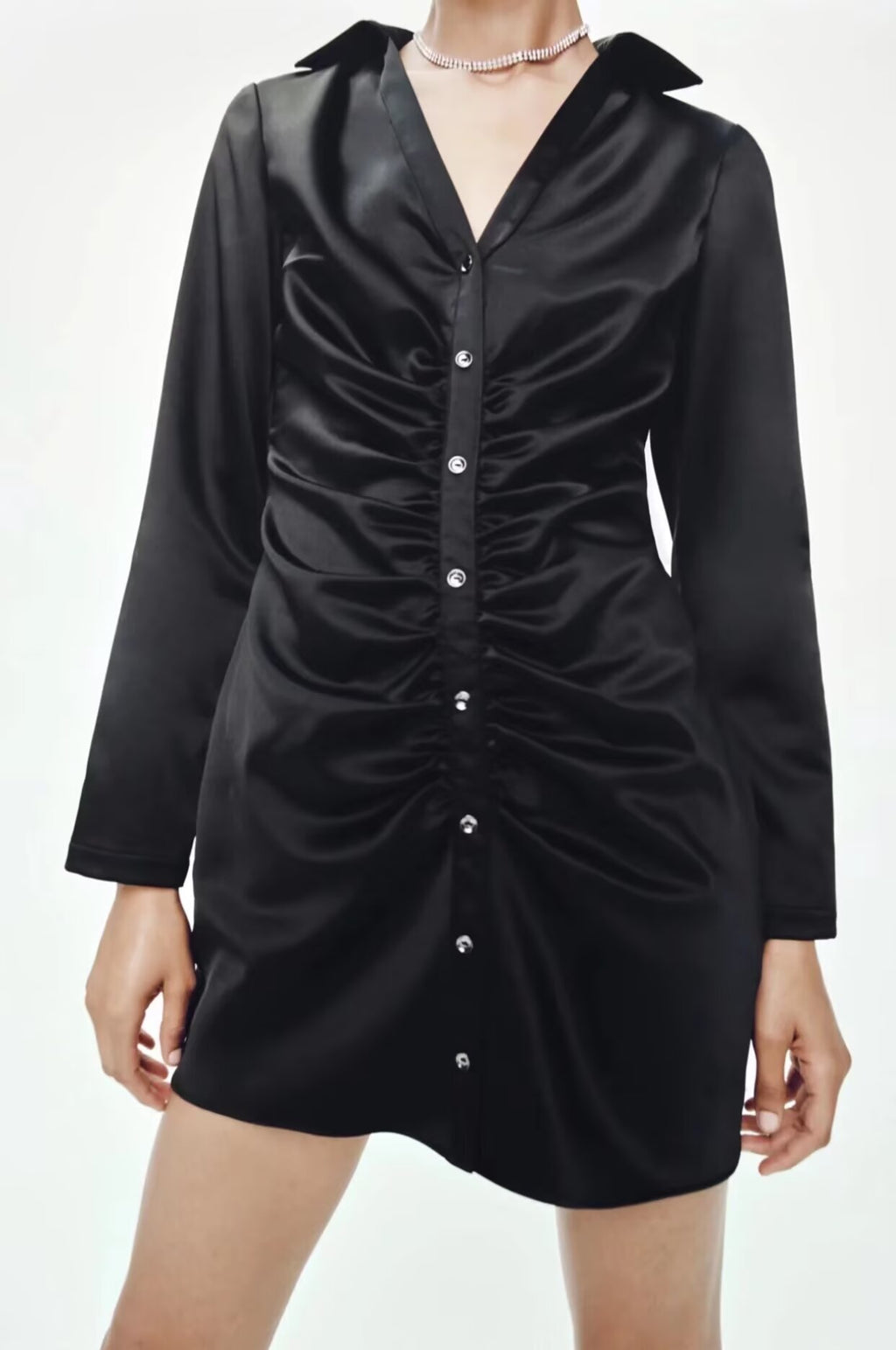 Satin Long-Sleeve Pleated Dress