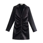 Satin Long-Sleeve Pleated Dress