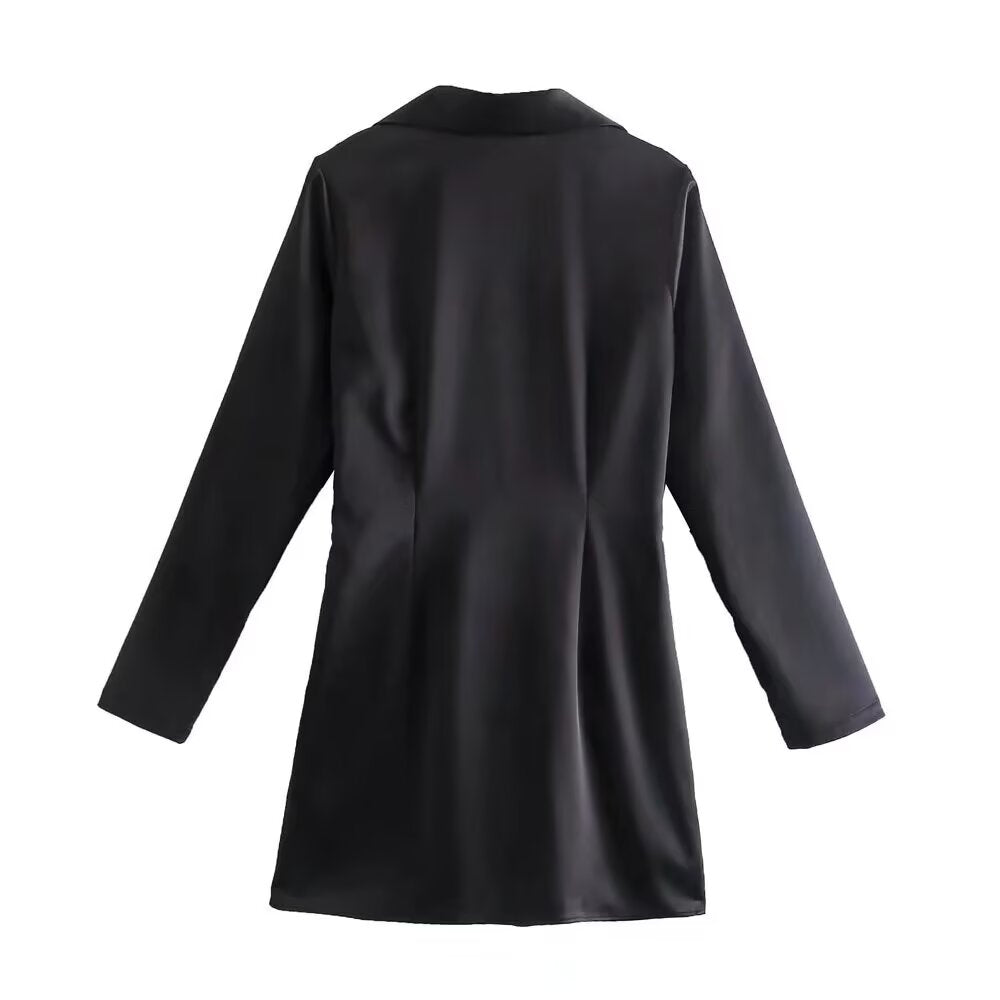 Satin Long-Sleeve Pleated Dress