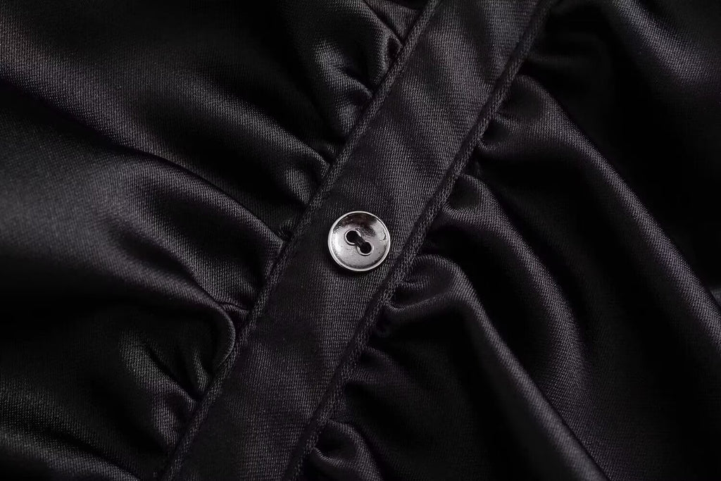 Satin Long-Sleeve Pleated Dress