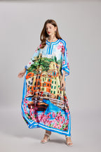 Women's 's Vintage Printed Long-Sleeve Dress