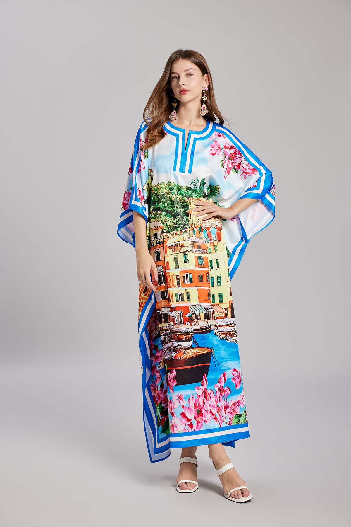 Women's 's Vintage Printed Long-Sleeve Dress