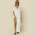 's Cotton Embroidered High Slit Loose Beach Dress Holiday Maxi Dress Beach Cover Up