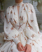 Women's A Large Number Of Half Turtleneck Sequined Slit Lantern Sleeve Formal Swing Dress Dress