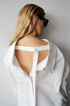Women's Long Sleeve Single Breasted V Neck Pure White Shirt