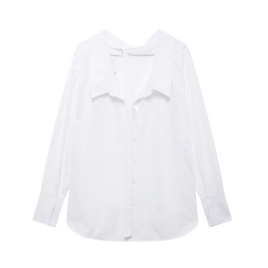 Women's Long Sleeve Single Breasted V Neck Pure White Shirt