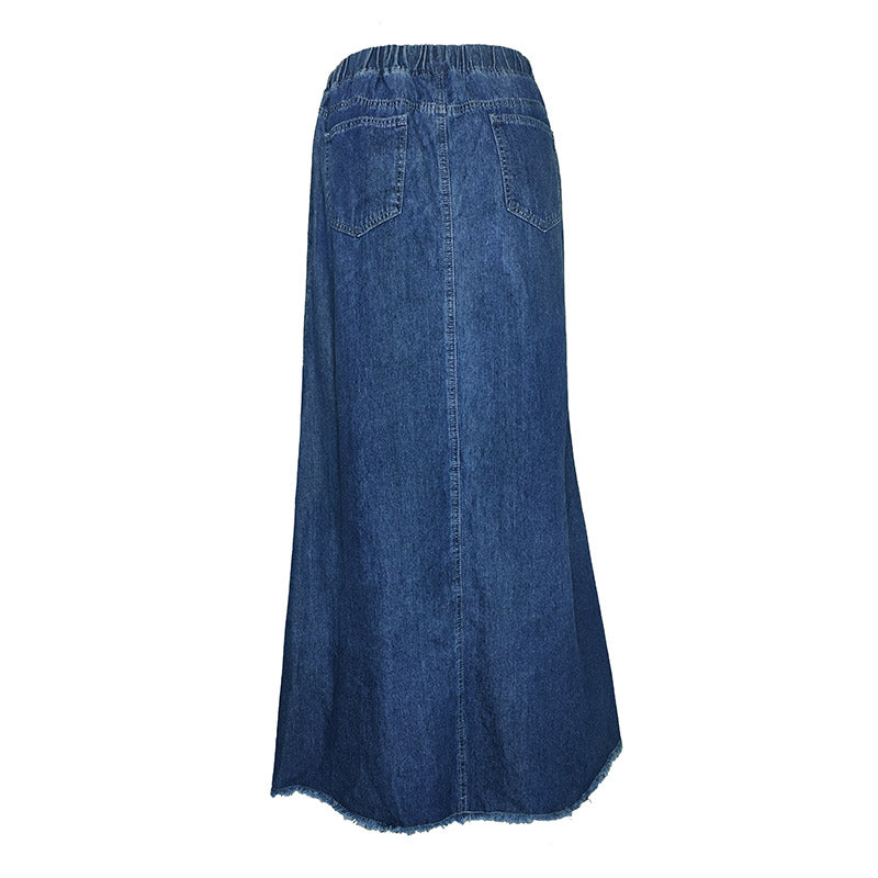 Pring Summer Denim A Binding Tape Brushed Elastic High Skirt