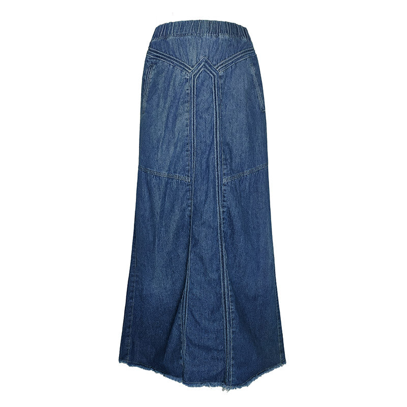 Pring Summer Denim A Binding Tape Brushed Elastic High Skirt