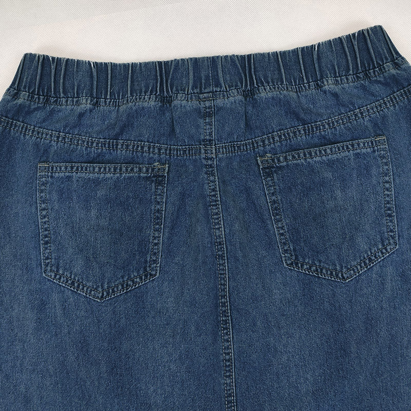 Pring Summer Denim A Binding Tape Brushed Elastic High Skirt