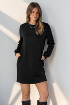 Burst Round-Neck Back Fold Pocket Long-Sleeve Sweater Dress