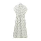 Floral Embroidered Collared Belted Short-Sleeve Shirt Midi Dress
