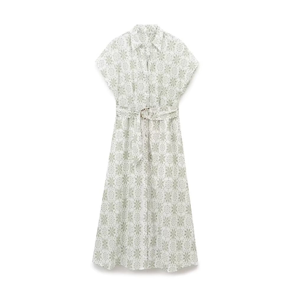Floral Embroidered Collared Belted Short-Sleeve Shirt Midi Dress