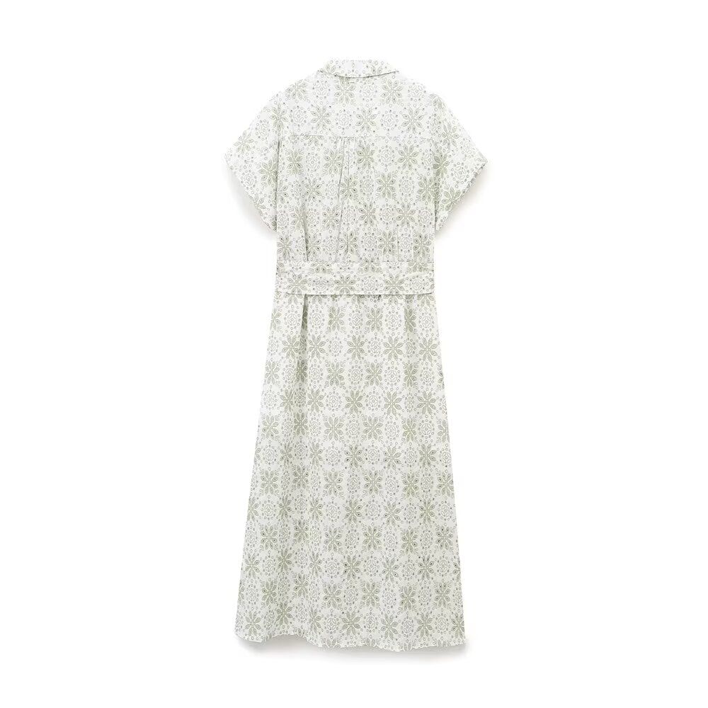 Floral Embroidered Collared Belted Short-Sleeve Shirt Midi Dress