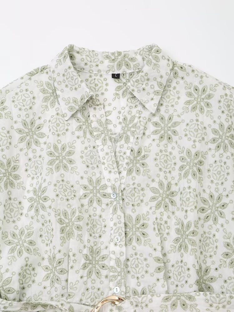 Floral Embroidered Collared Belted Short-Sleeve Shirt Midi Dress