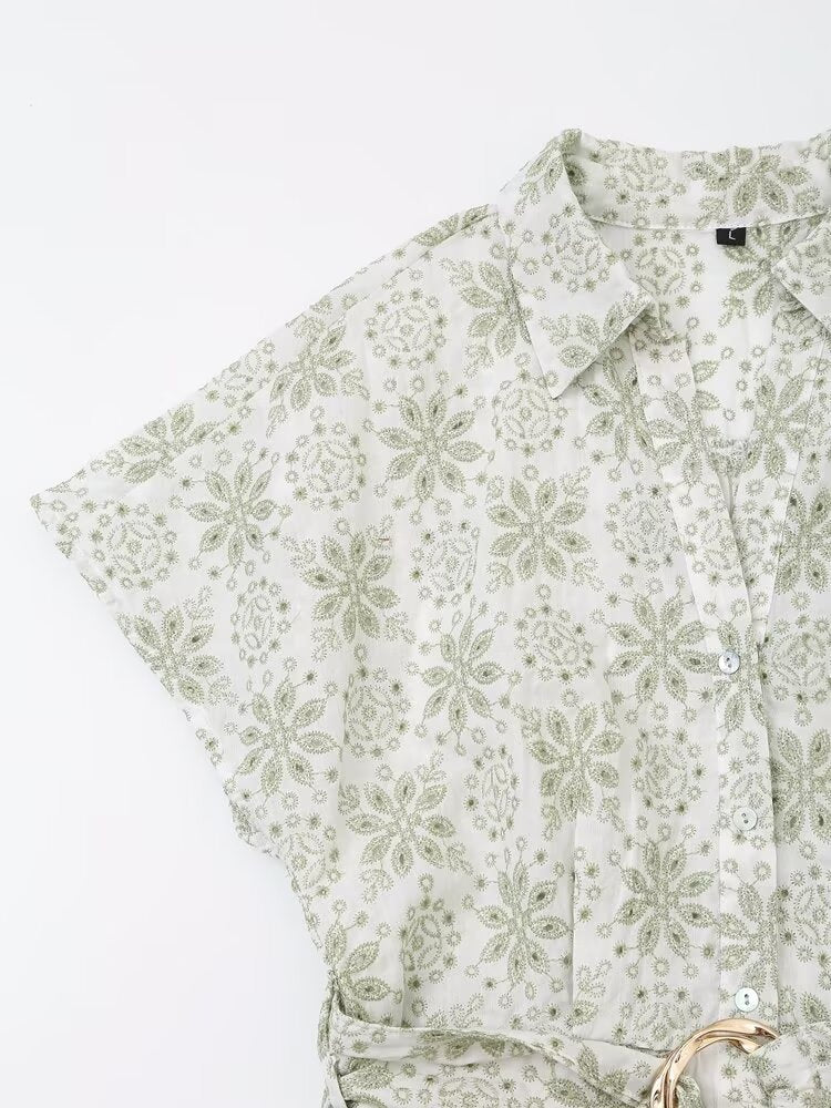 Floral Embroidered Collared Belted Short-Sleeve Shirt Midi Dress