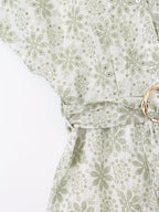 Floral Embroidered Collared Belted Short-Sleeve Shirt Midi Dress