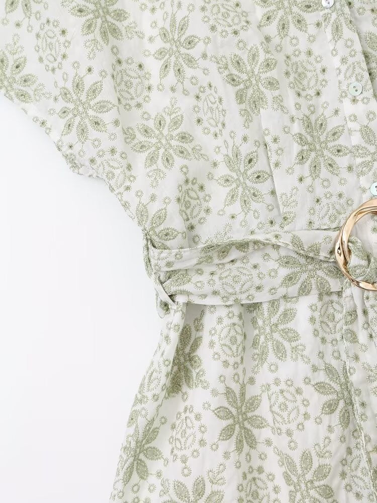 Floral Embroidered Collared Belted Short-Sleeve Shirt Midi Dress
