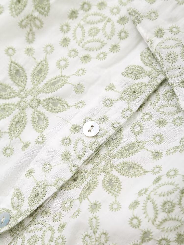 Floral Embroidered Collared Belted Short-Sleeve Shirt Midi Dress
