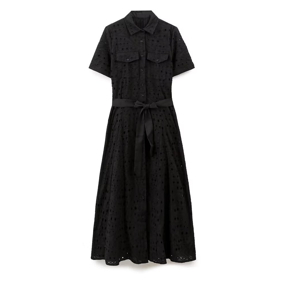 Embroidered Collared Button-Pocket Belted Shirt Maxi Dress