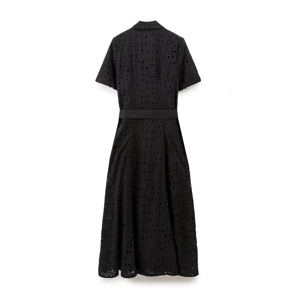 Embroidered Collared Button-Pocket Belted Shirt Maxi Dress