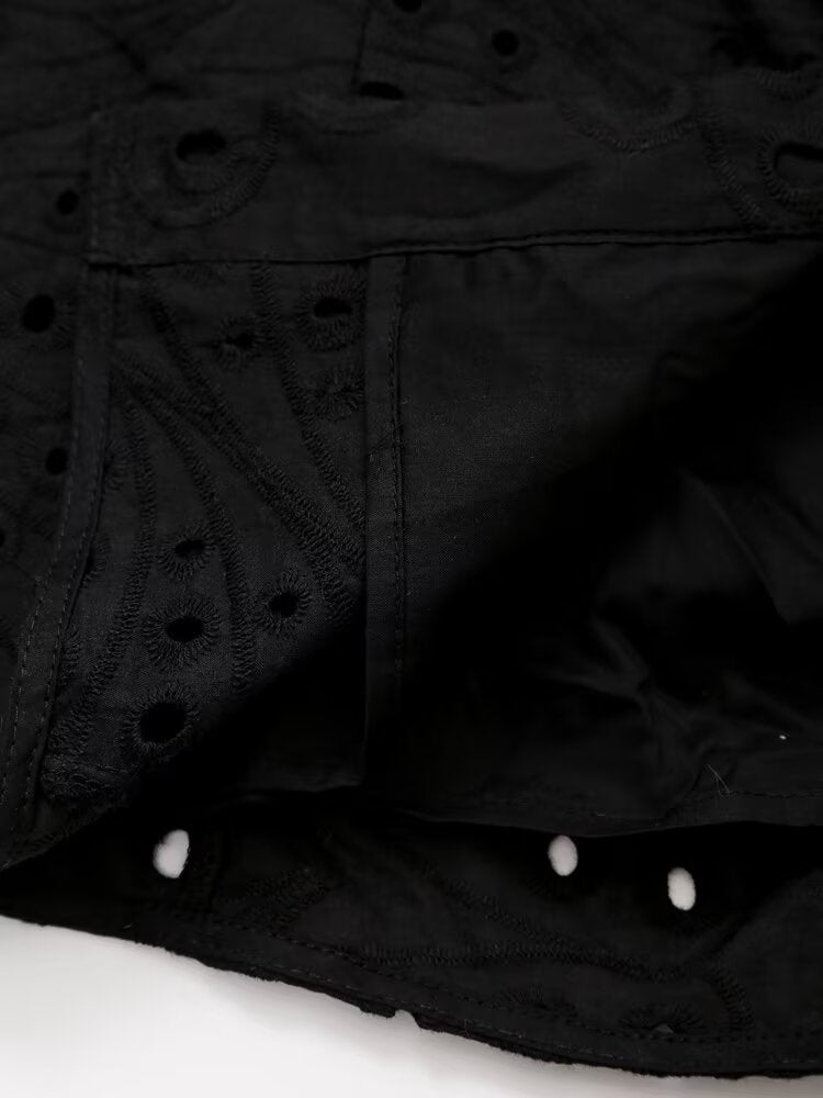 Embroidered Collared Button-Pocket Belted Shirt Maxi Dress