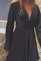 Women's V-Neck Ruched Long-Sleeve Mini Dress