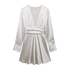 Women's V-Neck Ruched Long-Sleeve Mini Dress