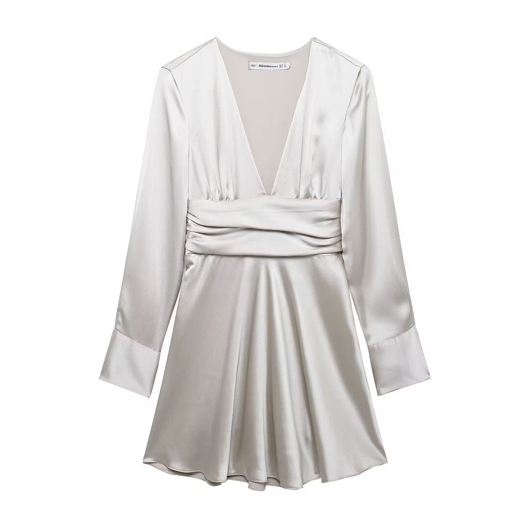 Women's V-Neck Ruched Long-Sleeve Mini Dress