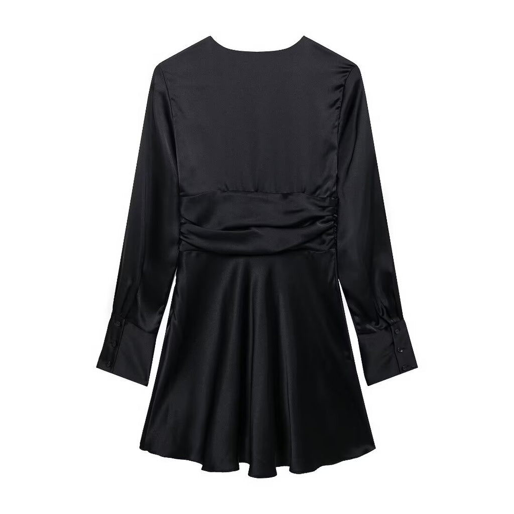 Women's V-Neck Ruched Long-Sleeve Mini Dress