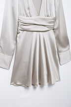 Women's V-Neck Ruched Long-Sleeve Mini Dress