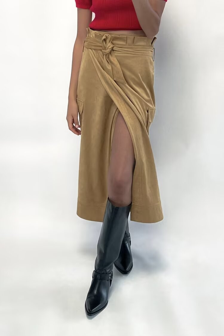 Fall Suede Texture Effect Paper Bag Midi Skirt