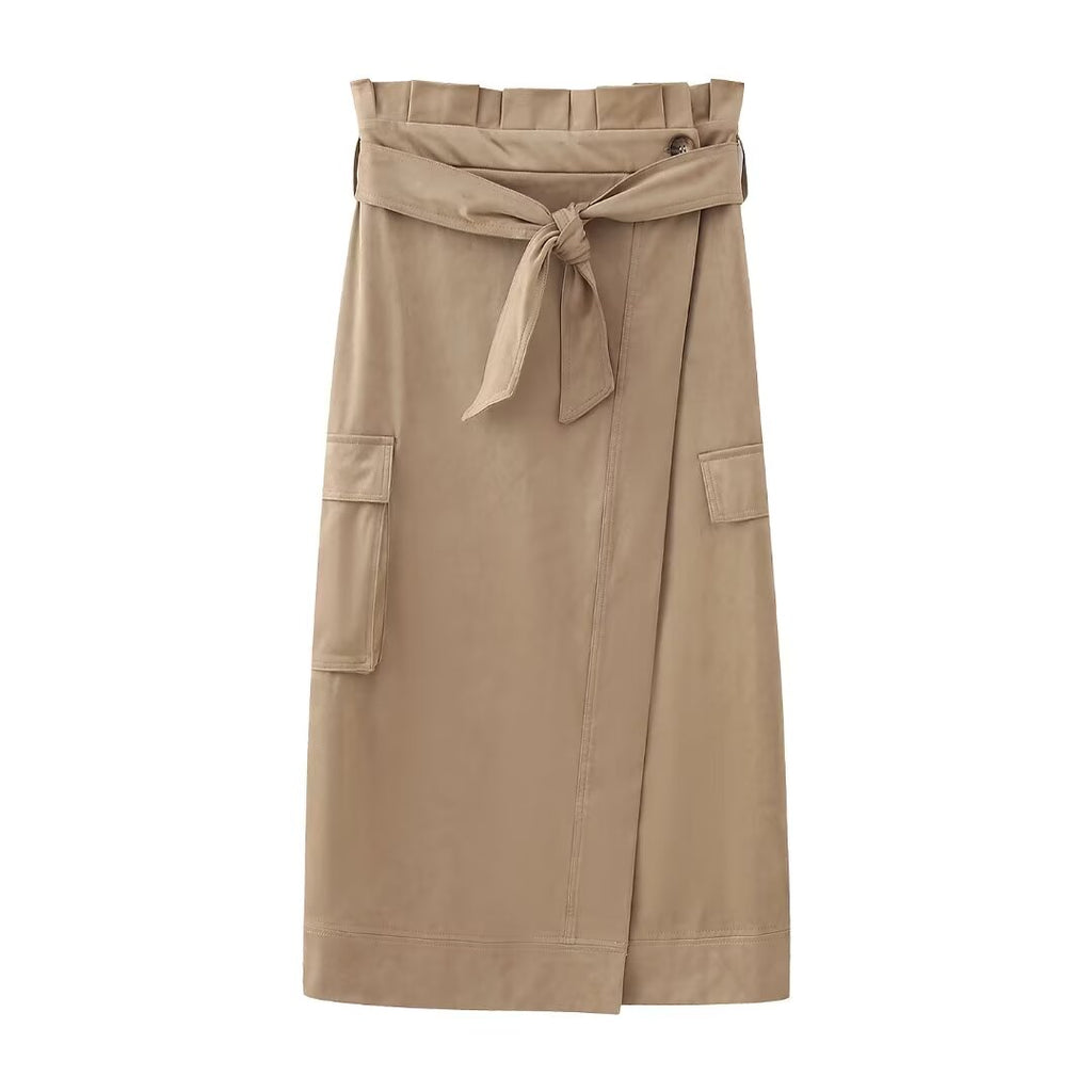 Fall Suede Texture Effect Paper Bag Midi Skirt