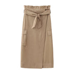 Fall Suede Texture Effect Paper Bag Midi Skirt