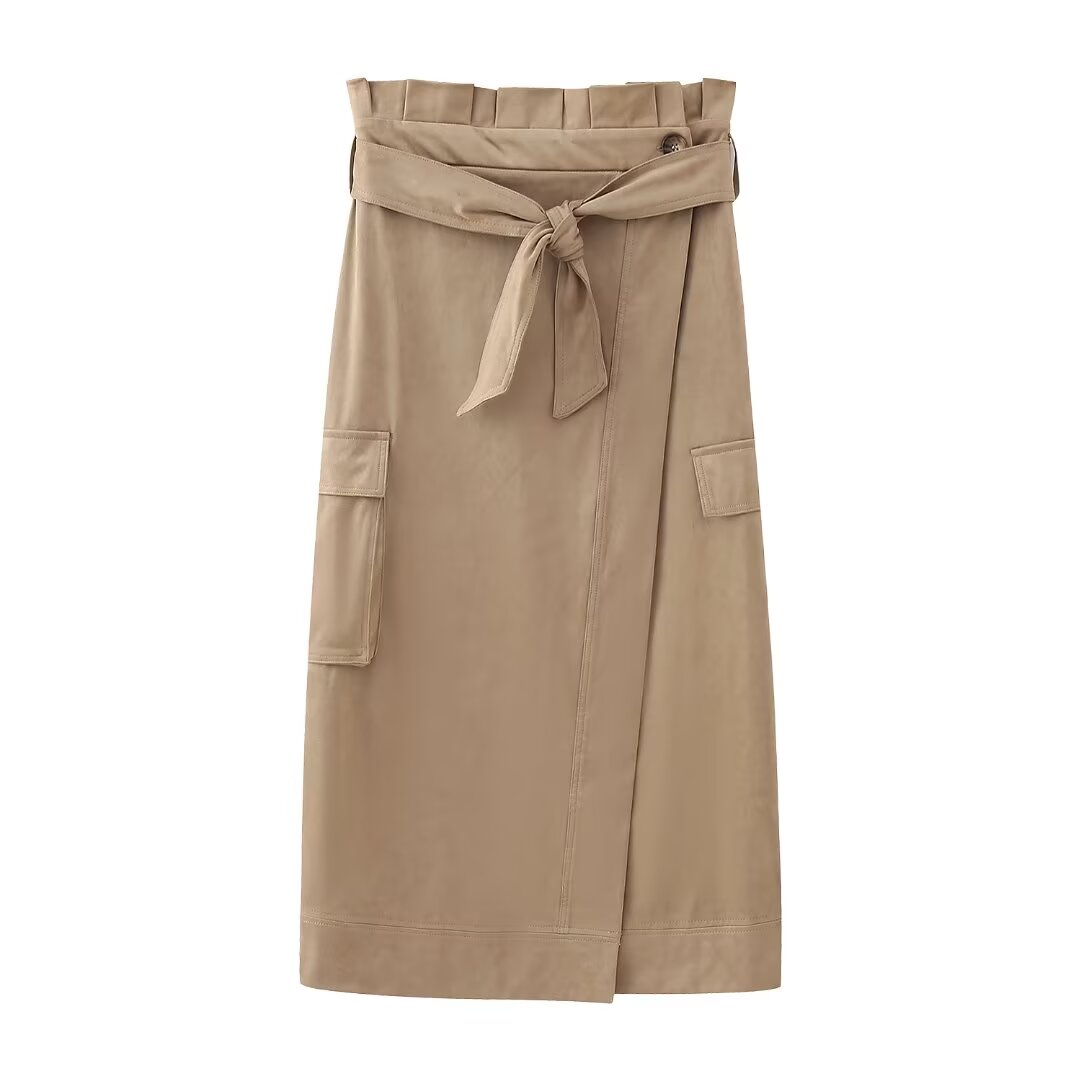 Fall Suede Texture Effect Paper Bag Midi Skirt