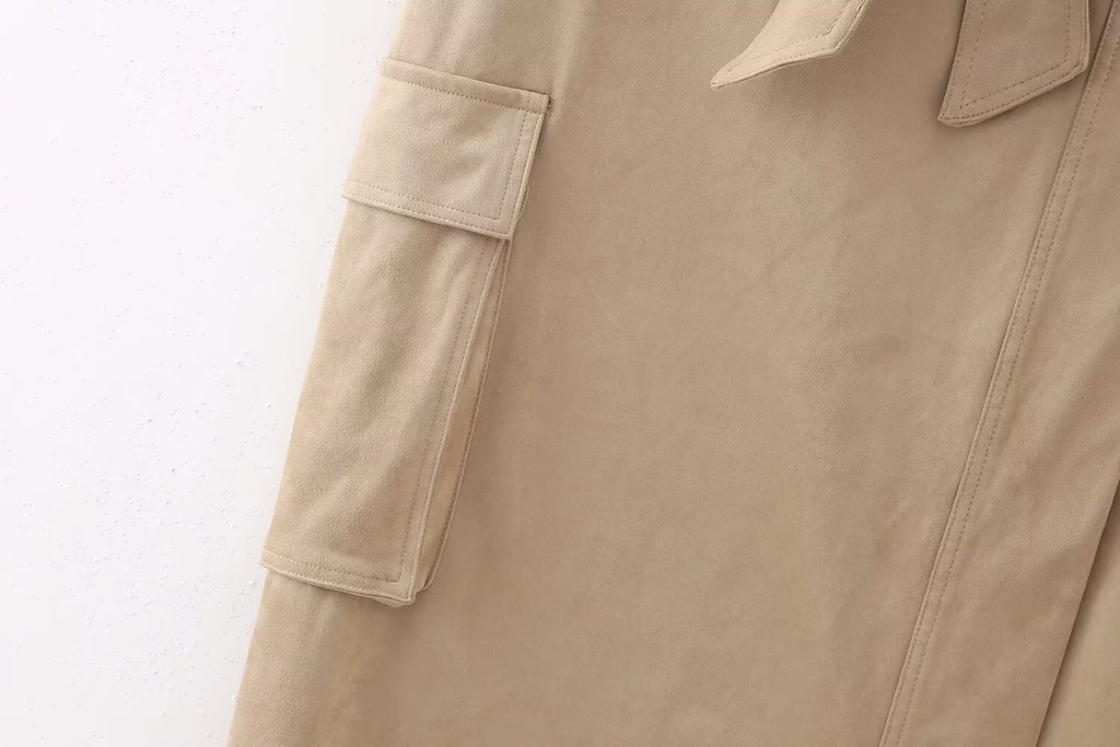 Fall Suede Texture Effect Paper Bag Midi Skirt
