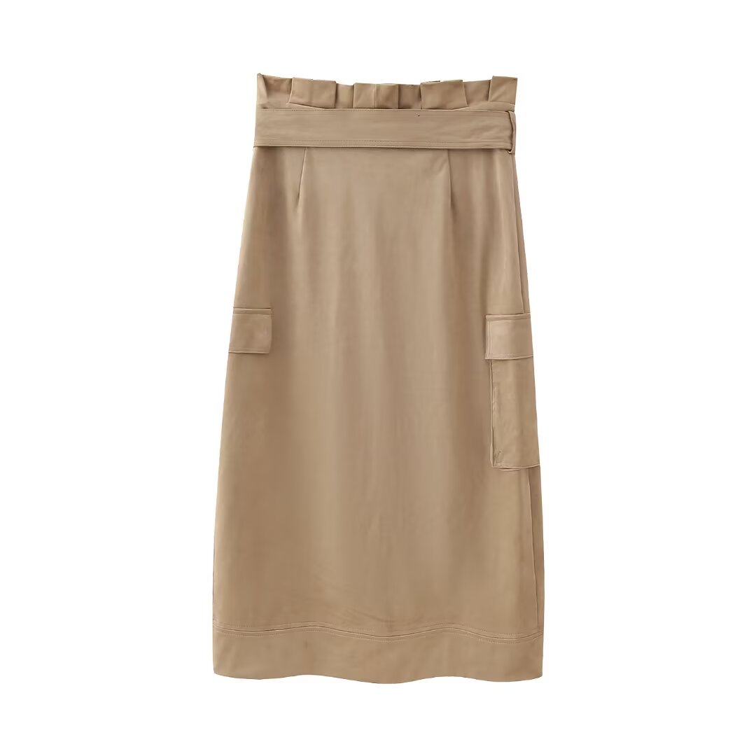Fall Suede Texture Effect Paper Bag Midi Skirt