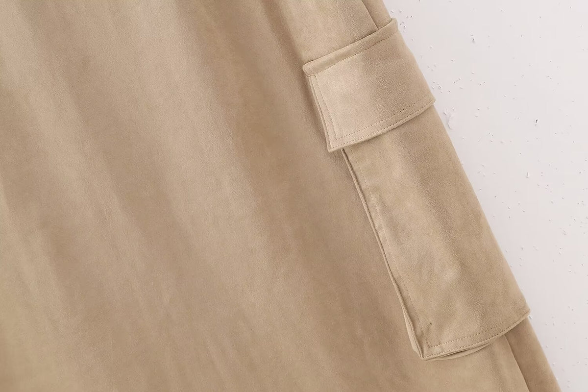 Fall Suede Texture Effect Paper Bag Midi Skirt