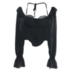 Women's Sexy Off Shoulder Halter Lace Up Long Sleeve Chiffon Shirt Wooden Ear Backless Shirt Short Top With Chest Pad
