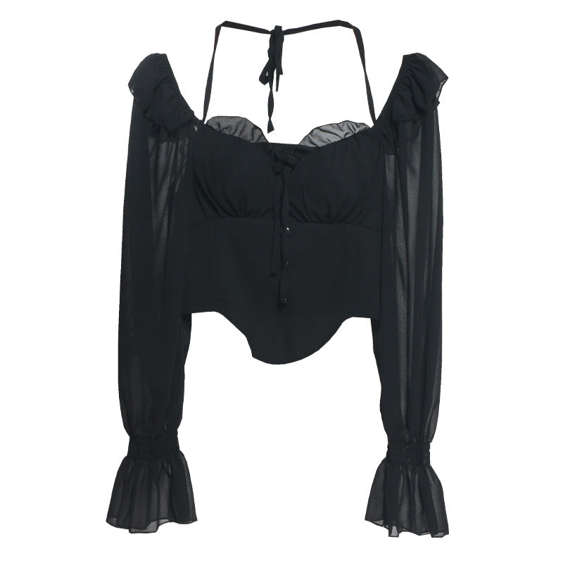 Women's Sexy Off Shoulder Halter Lace Up Long Sleeve Chiffon Shirt Wooden Ear Backless Shirt Short Top With Chest Pad