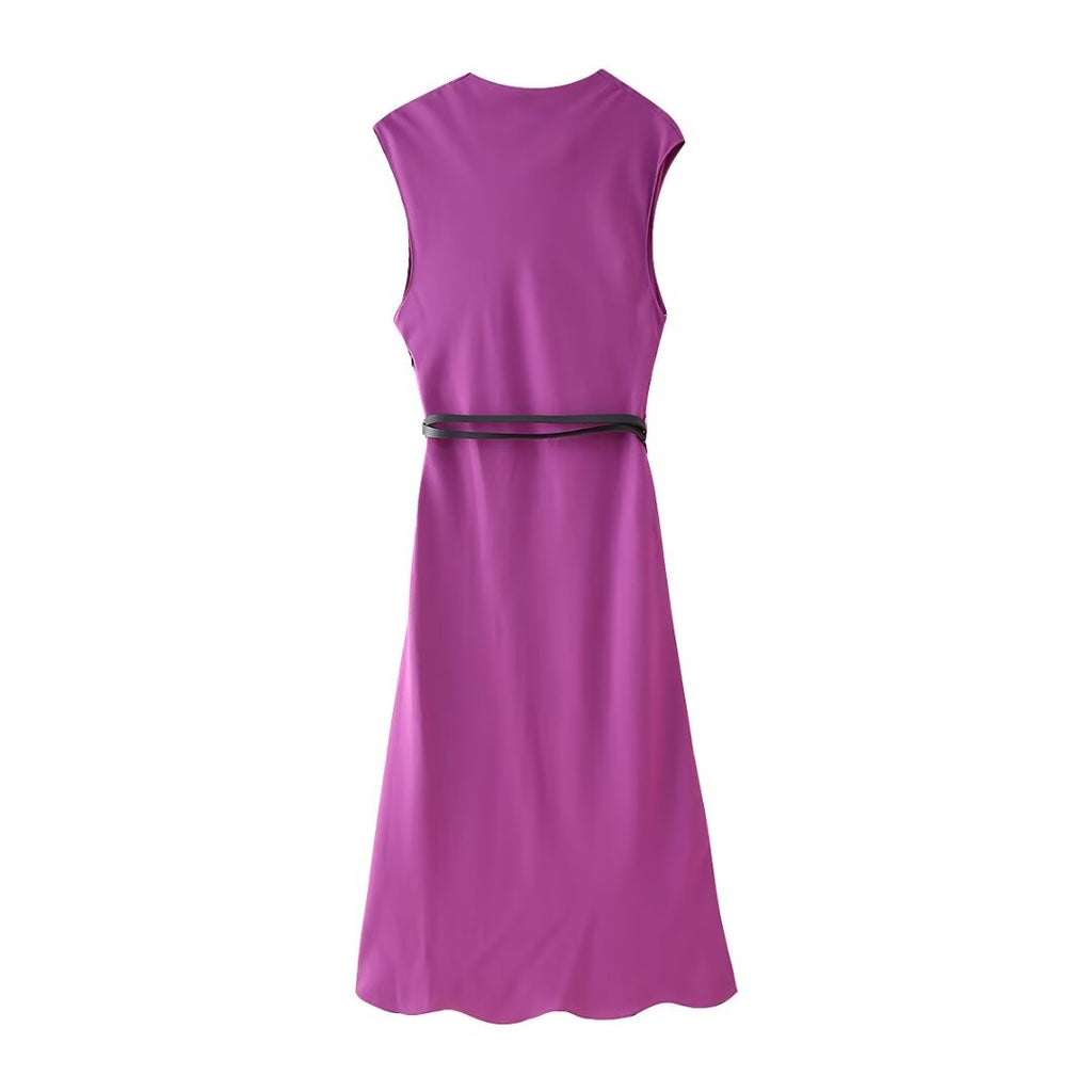 Satin Cowl-Neck Belted Sleeveless A-Line Midi Dress