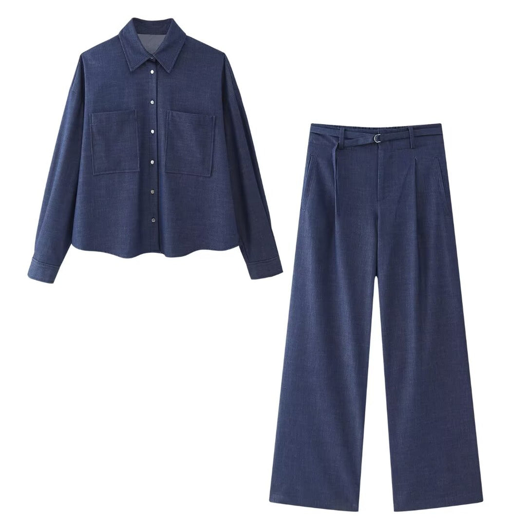 Women's Denim-Effect Shirt & Pants Set