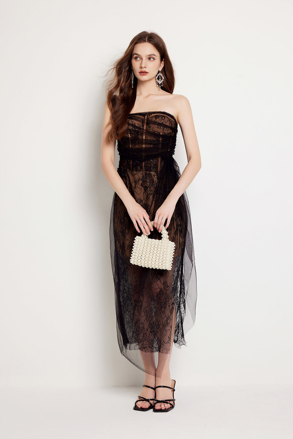 Lace Boned Asymmetric Split Maxi Dress