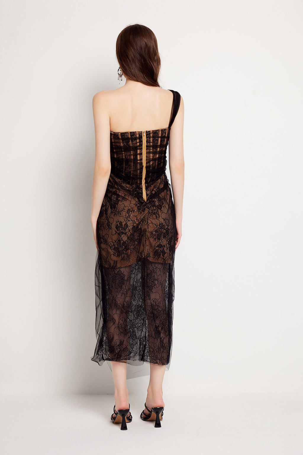 Lace Boned Asymmetric Split Maxi Dress