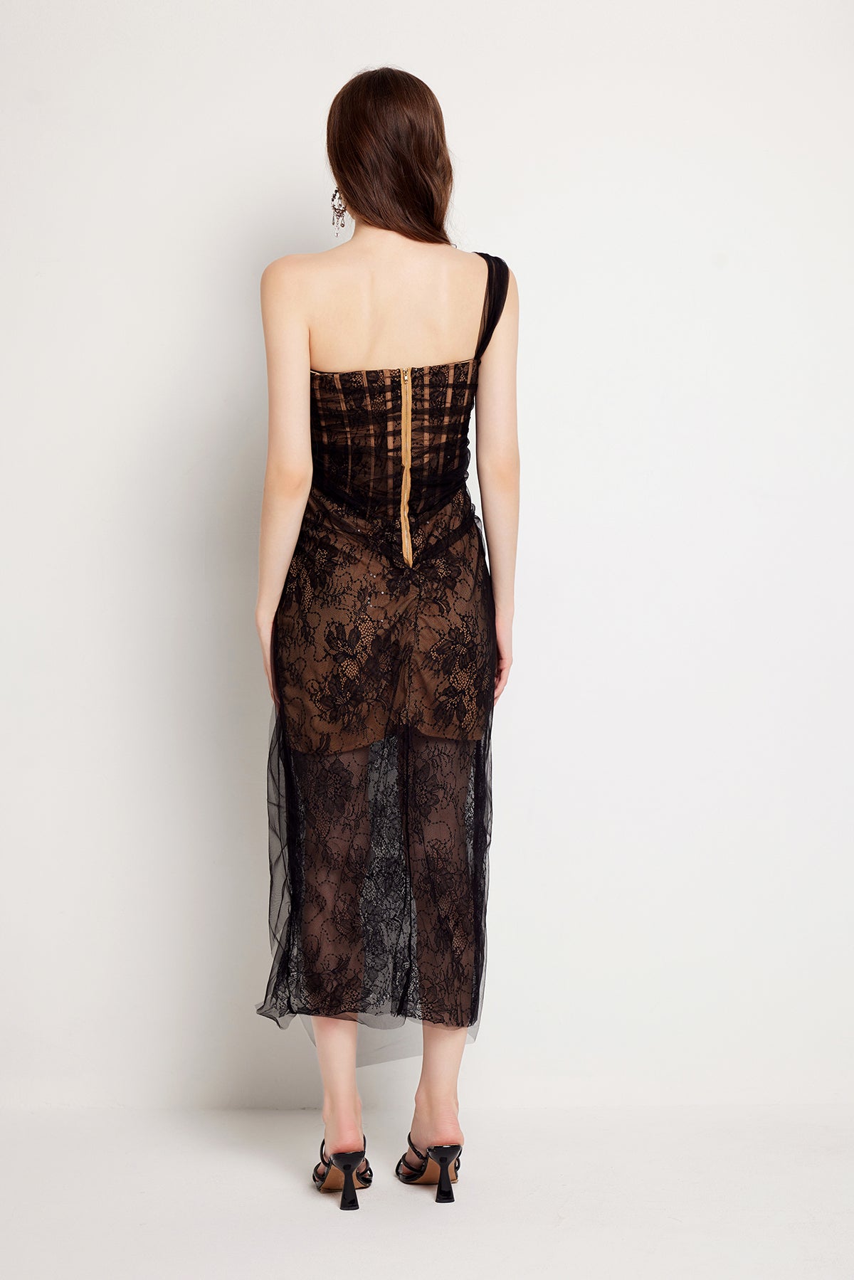 Lace Boned Asymmetric Split Maxi Dress